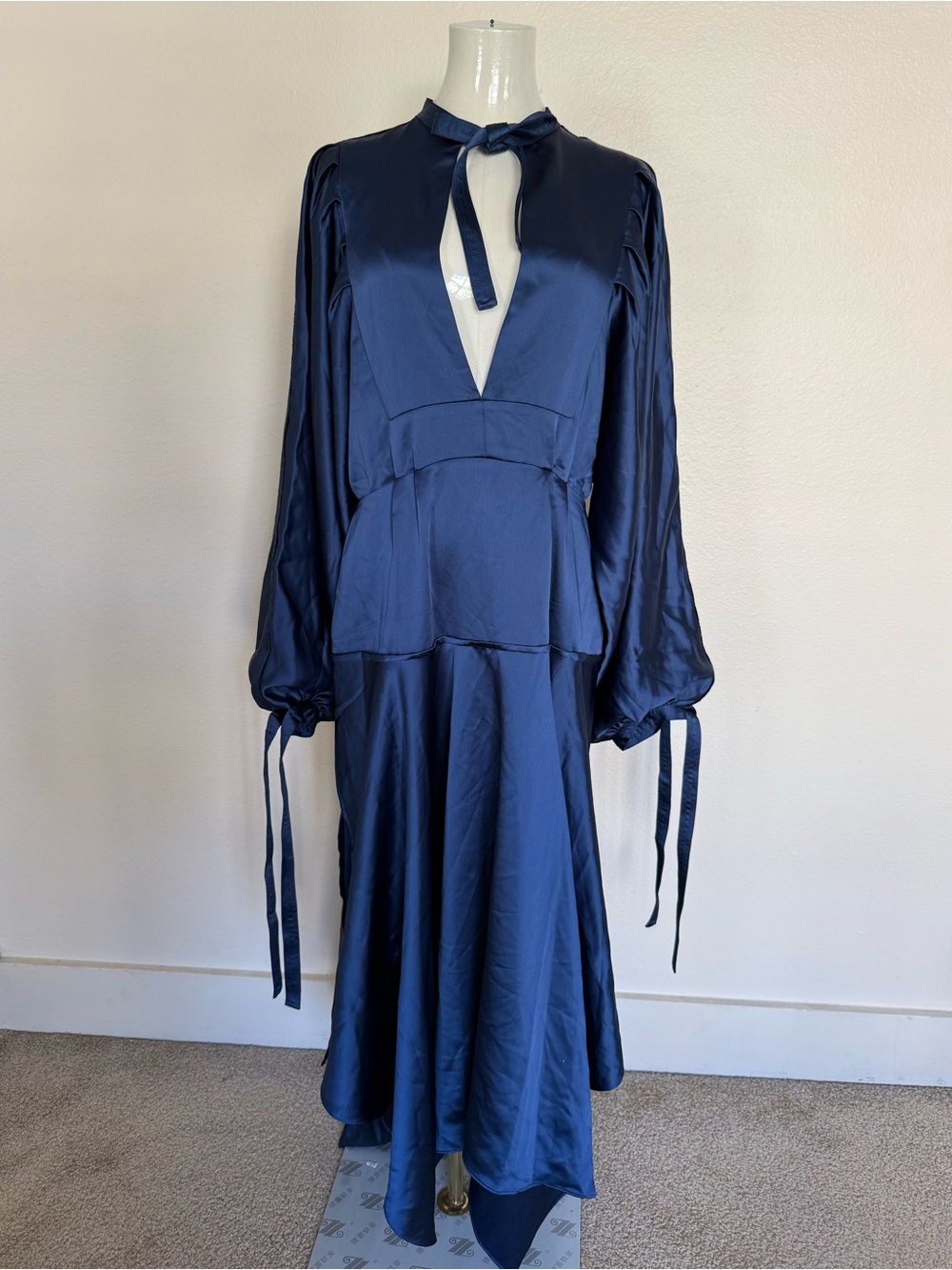 Self-Portrait Deep Navy Satin Long-Sleeve Midi Dress